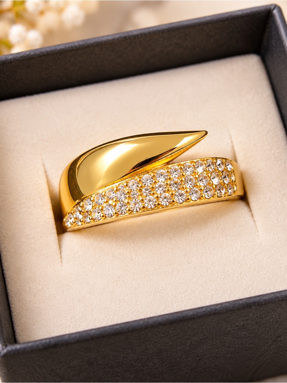 Pave Crystal Gold-Tone Women's Ring - Sculpted Band fashion jewelry size 7